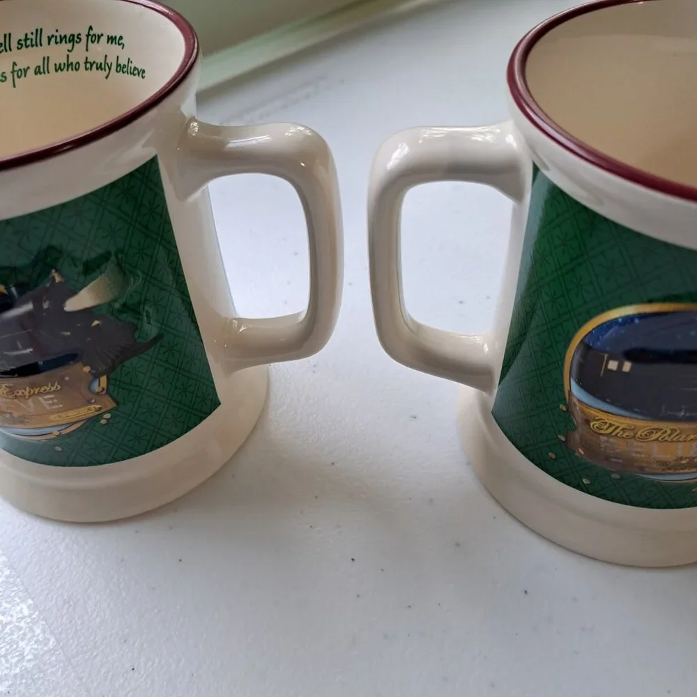 Set of 2 Polar Express Hot Chocolate Mugs Christmas Train Decor Bell Still Rings